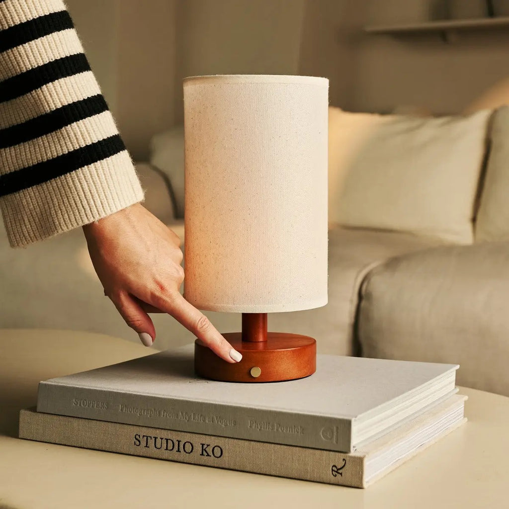 Wood Table Lamp With Rechargeable LED Lighting And Linen Lampshade
