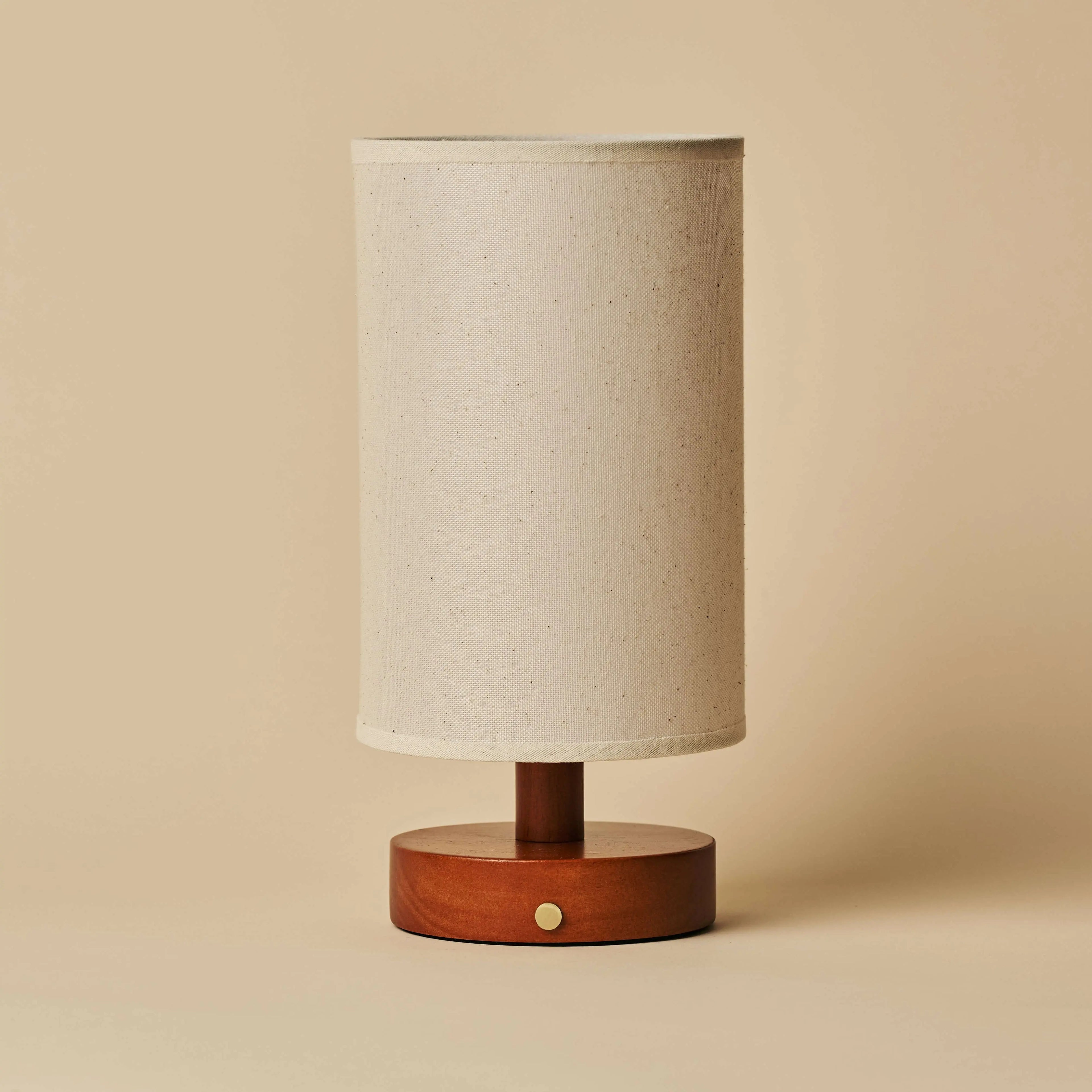 Wood Table Lamp With Rechargeable LED Lighting And Linen Lampshade