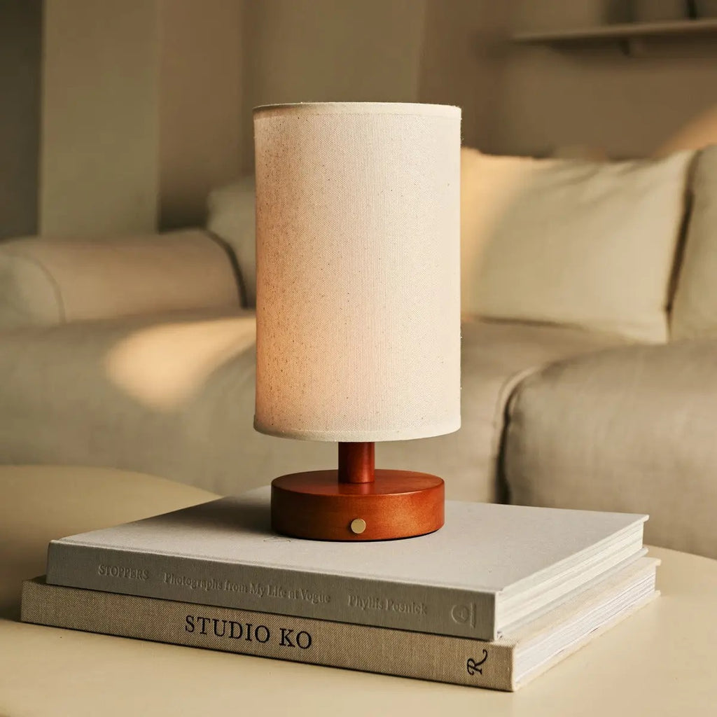 Wood Table Lamp With Rechargeable LED Lighting And Linen Lampshade
