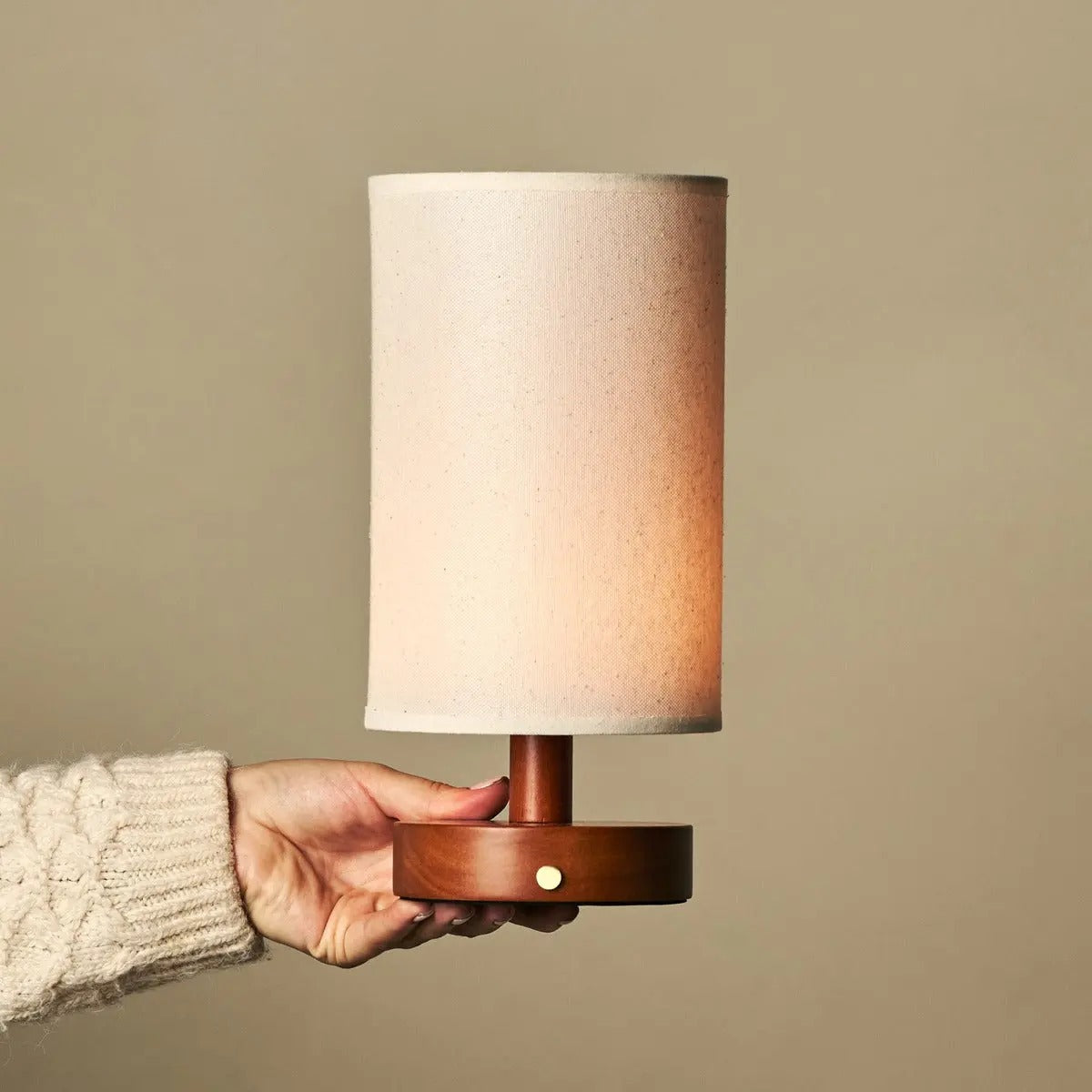 Wood Table Lamp With Rechargeable LED Lighting And Linen Lampshade