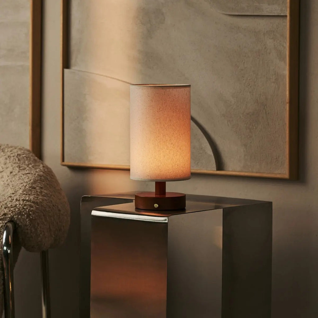 Wood Table Lamp With Rechargeable LED Lighting And Linen Lampshade