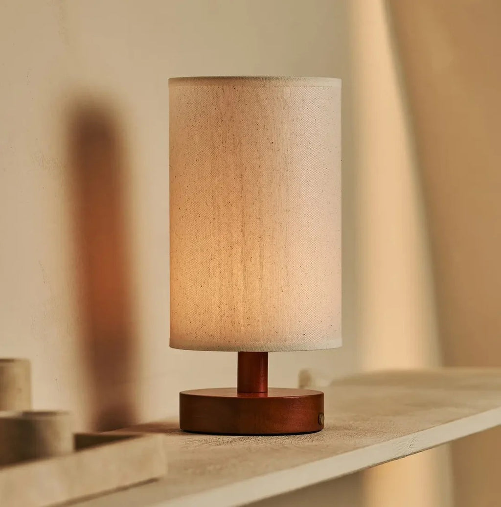 Wood Table Lamp With Rechargeable LED Lighting And Linen Lampshade