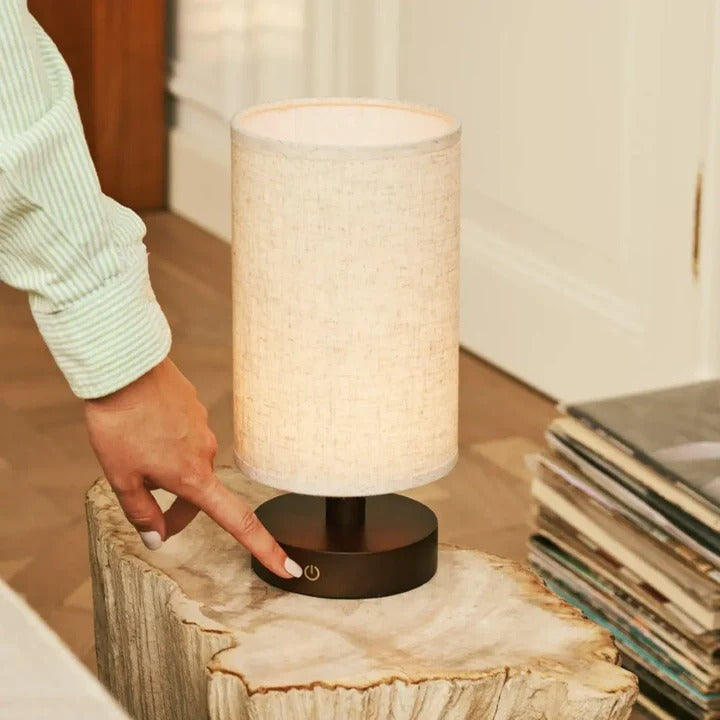 Wood Table Lamp With Rechargeable LED Lighting And Linen Lampshade