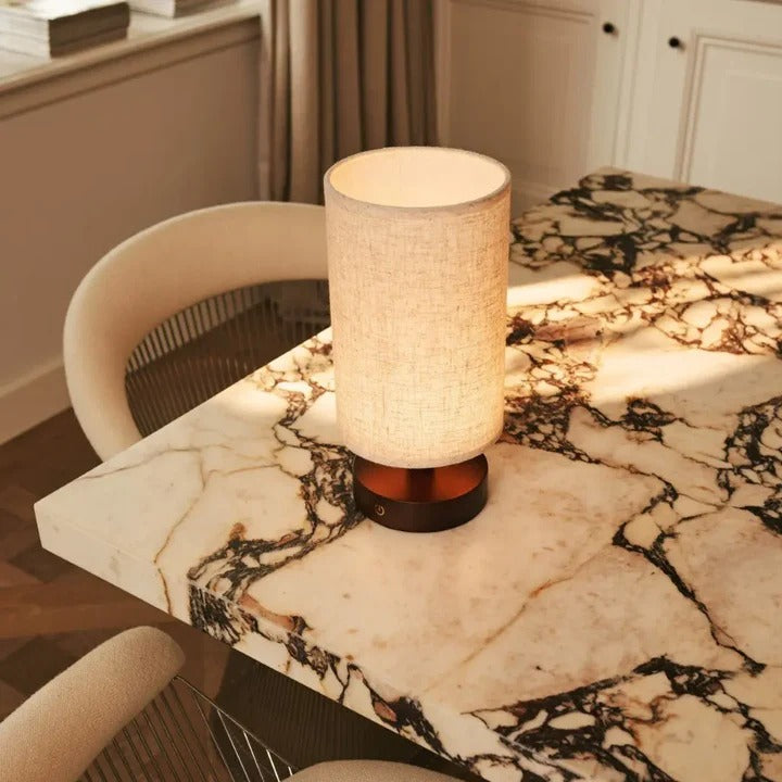 Wood Table Lamp With Rechargeable LED Lighting And Linen Lampshade