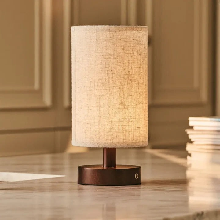 Wood Table Lamp With Rechargeable LED Lighting And Linen Lampshade