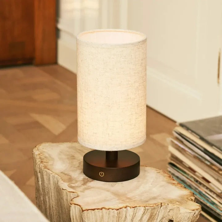 Wood Table Lamp With Rechargeable LED Lighting And Linen Lampshade