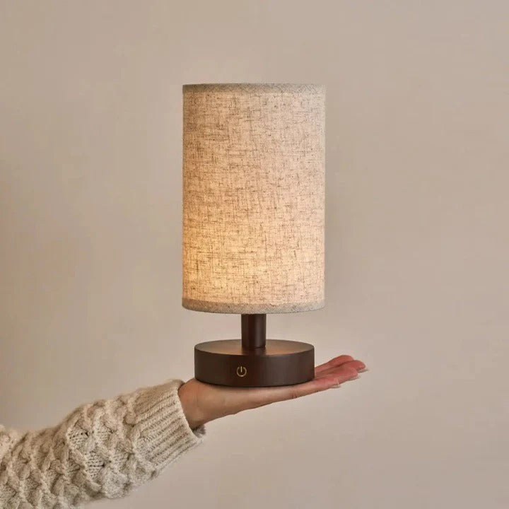 Wood Table Lamp With Rechargeable LED Lighting And Linen Lampshade