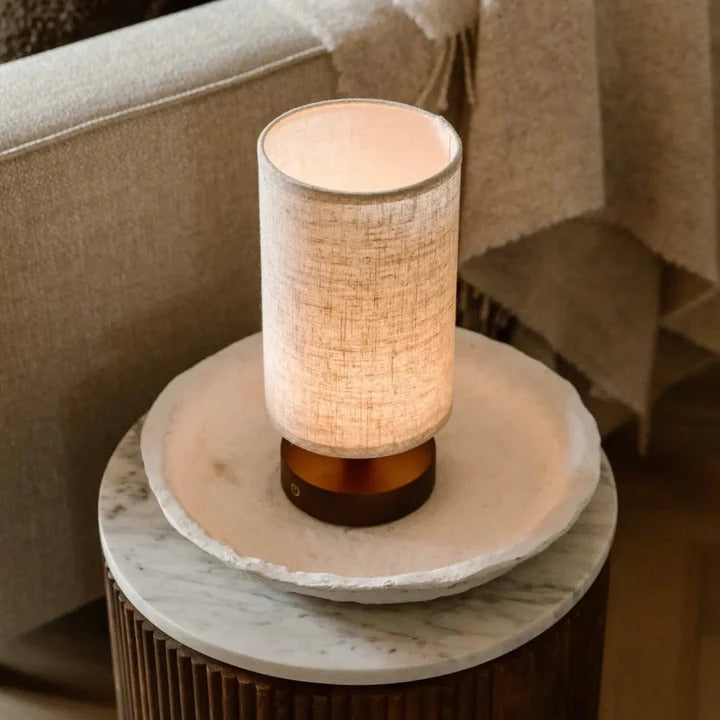 Wood Table Lamp With Rechargeable LED Lighting And Linen Lampshade