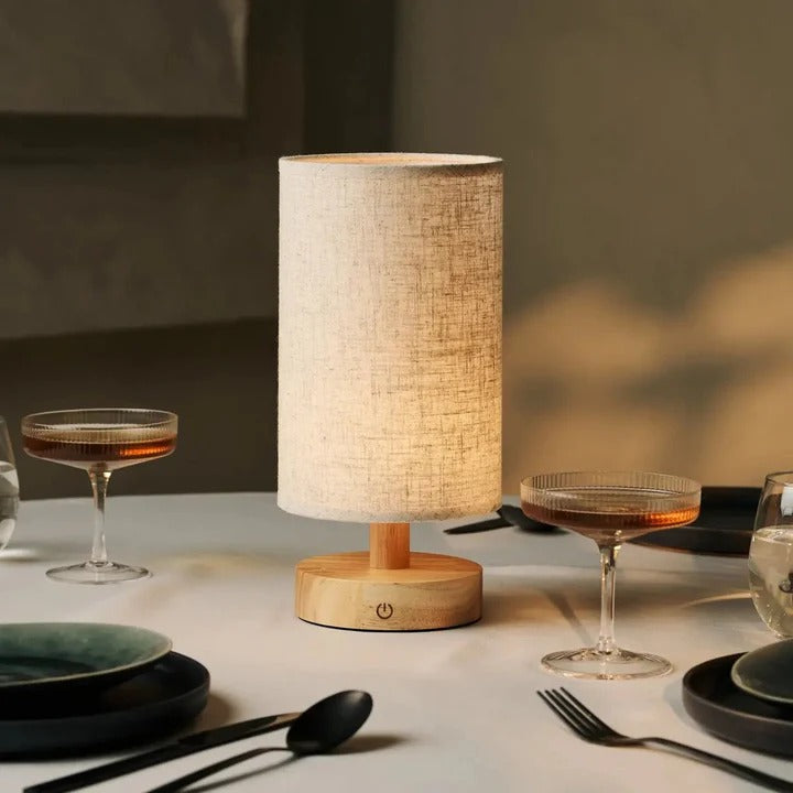 Wood Table Lamp With Rechargeable LED Lighting And Linen Lampshade