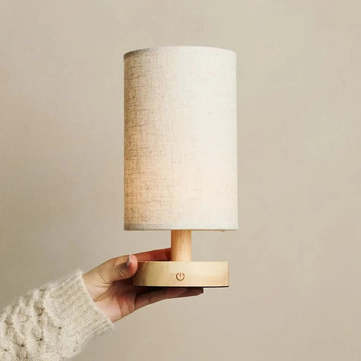 Wood Table Lamp With Rechargeable LED Lighting And Linen Lampshade