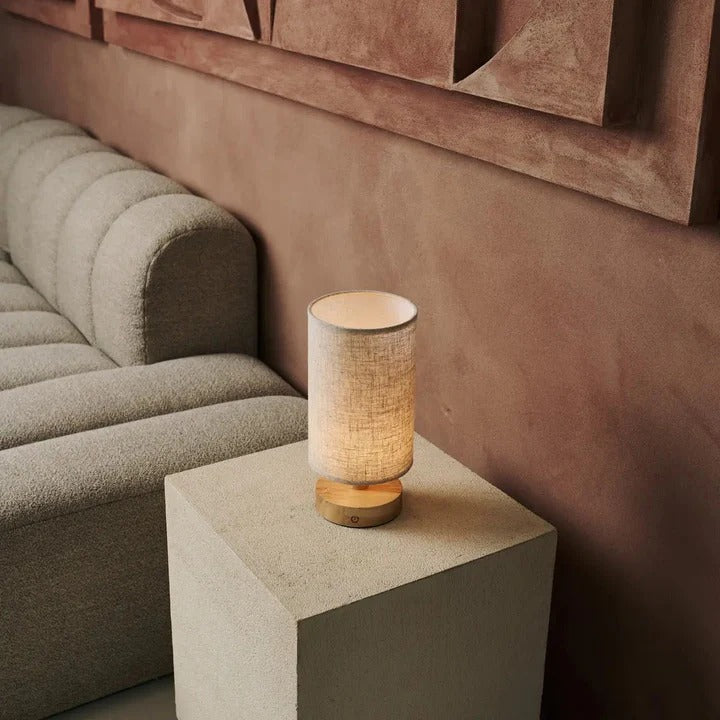 Wood Table Lamp With Rechargeable LED Lighting And Linen Lampshade