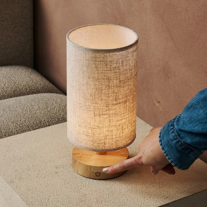 Wood Table Lamp With Rechargeable LED Lighting And Linen Lampshade