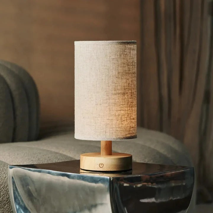 Wood Table Lamp With Rechargeable LED Lighting And Linen Lampshade