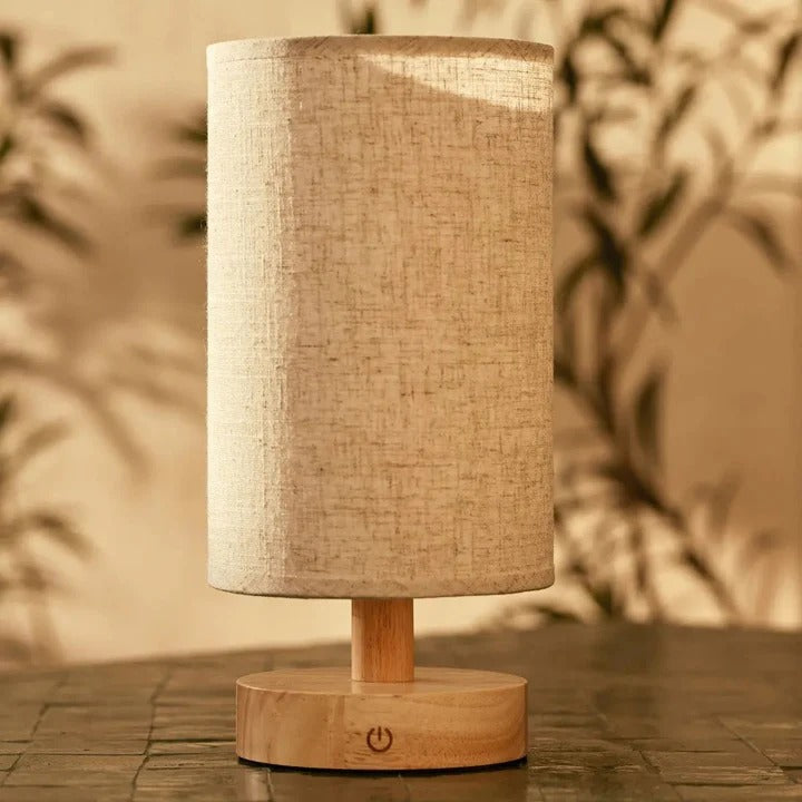 Wood Table Lamp With Rechargeable LED Lighting And Linen Lampshade
