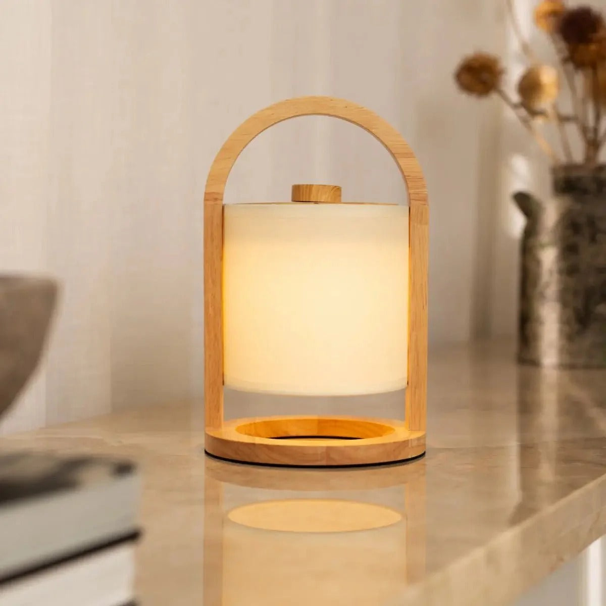 Wooden Lamp With Linen Blend And Rechargeable LED