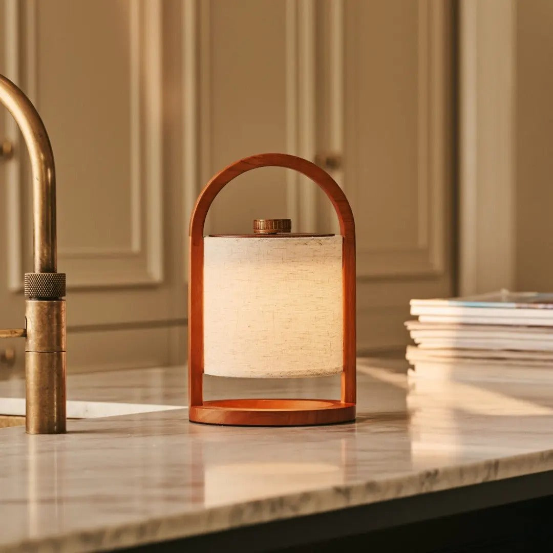 Wooden Lamp With Linen Blend And Rechargeable LED