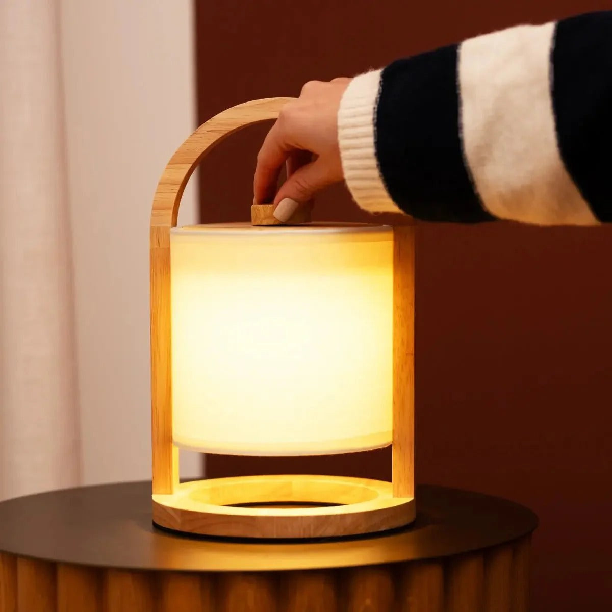 Wooden Lamp With Linen Blend And Rechargeable LED