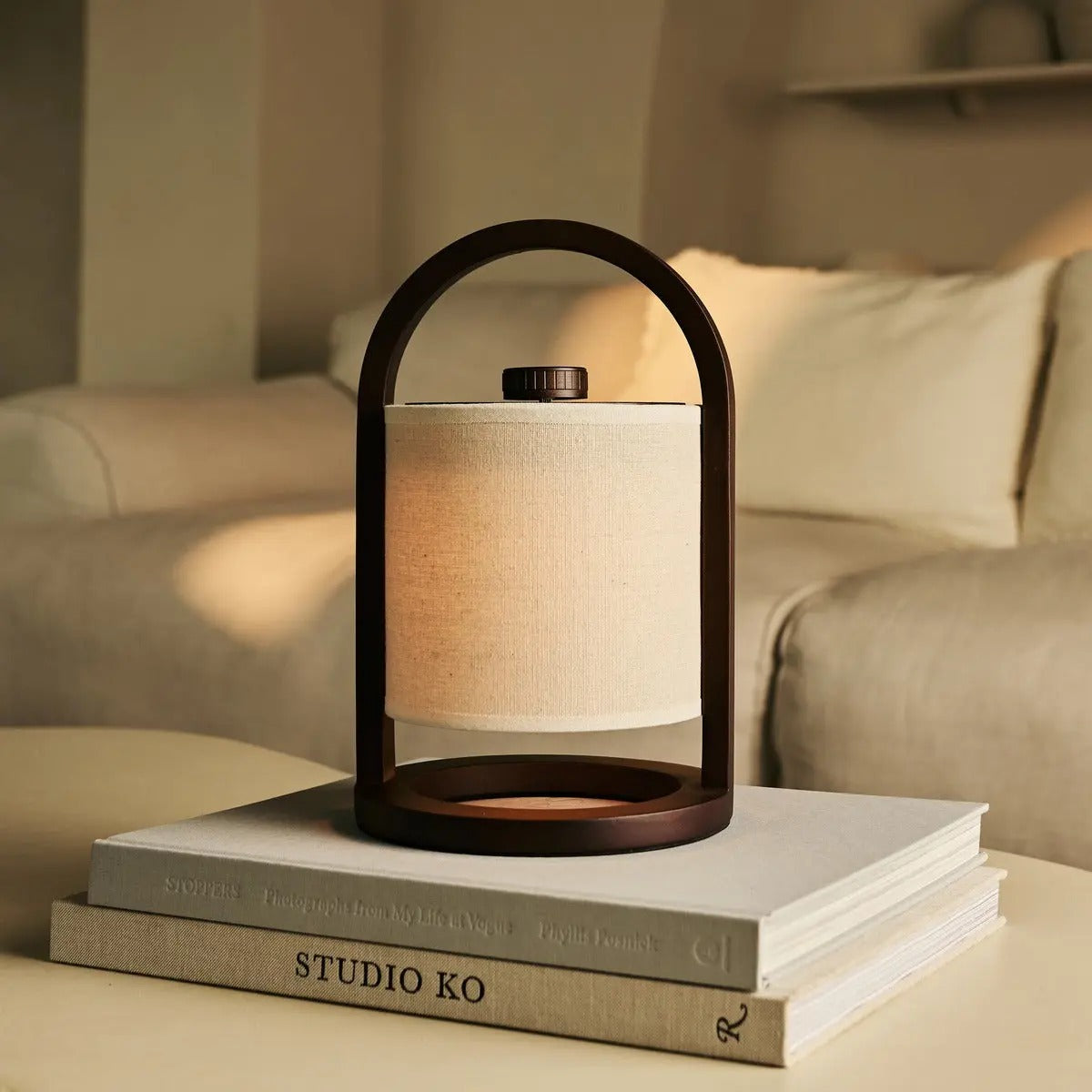 Wooden Lamp With Linen Blend And Rechargeable LED