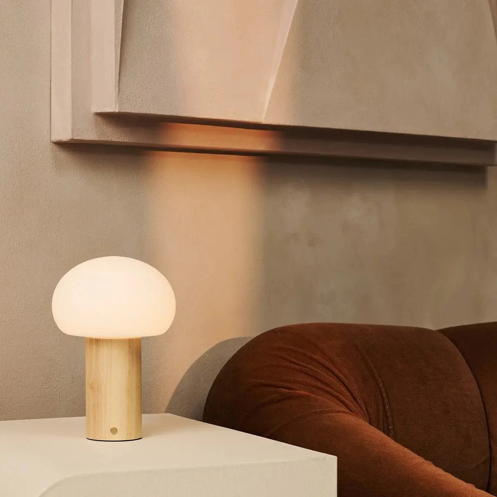 Wooden Table Lamp With Glass Shade Rechargeable LED & 3 Light Modes