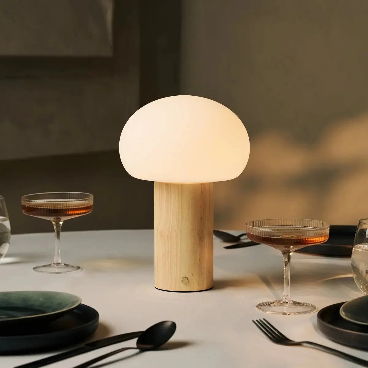 Wooden Table Lamp With Glass Shade Rechargeable LED & 3 Light Modes