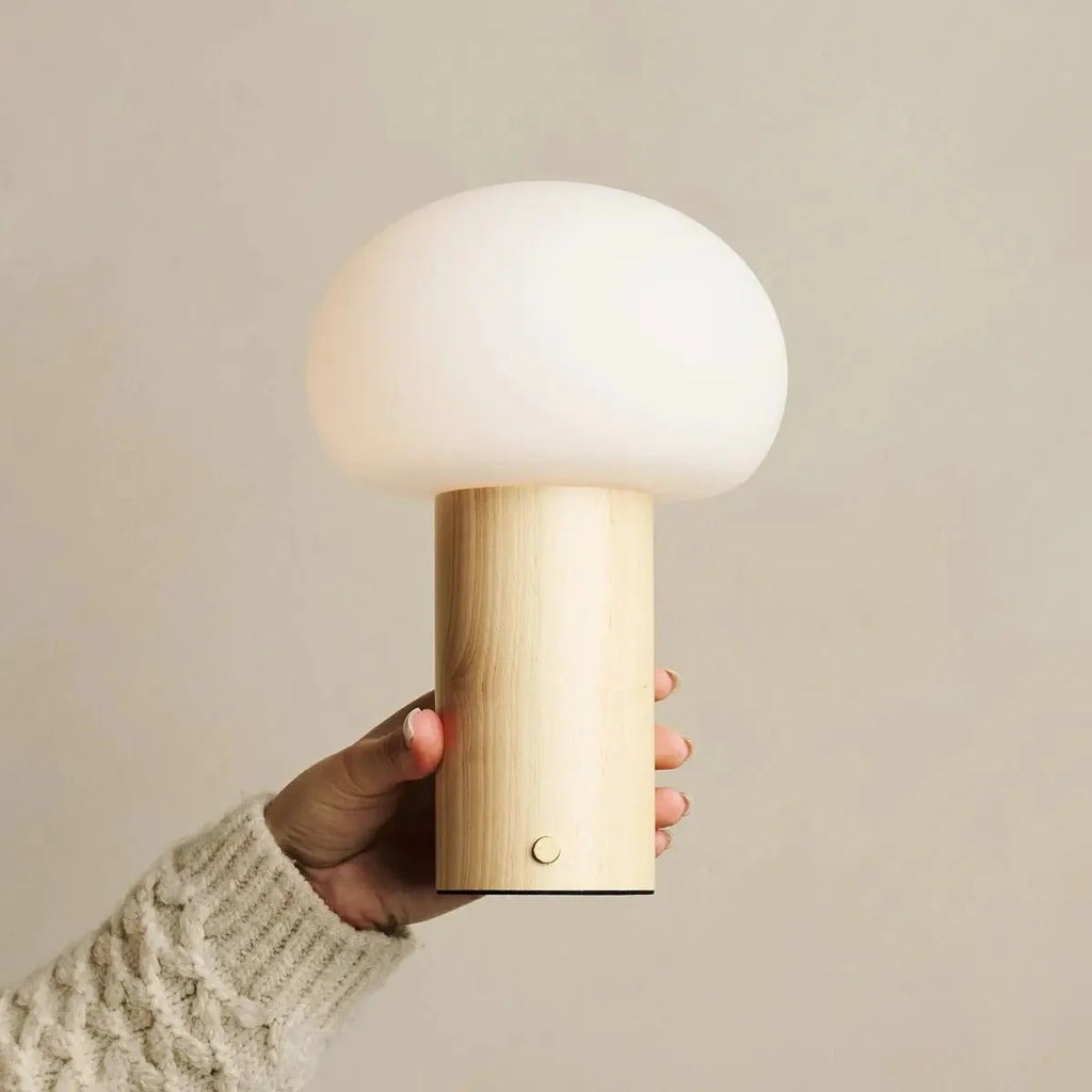 Wooden Table Lamp With Glass Shade Rechargeable LED & 3 Light Modes