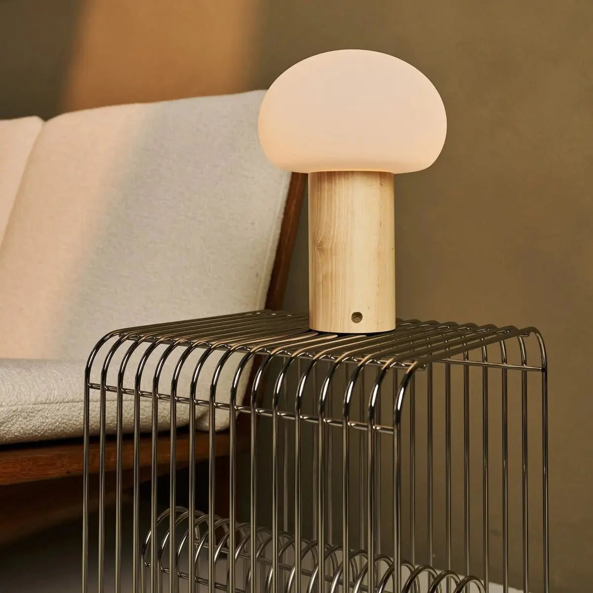 Wooden Table Lamp With Glass Shade Rechargeable LED & 3 Light Modes