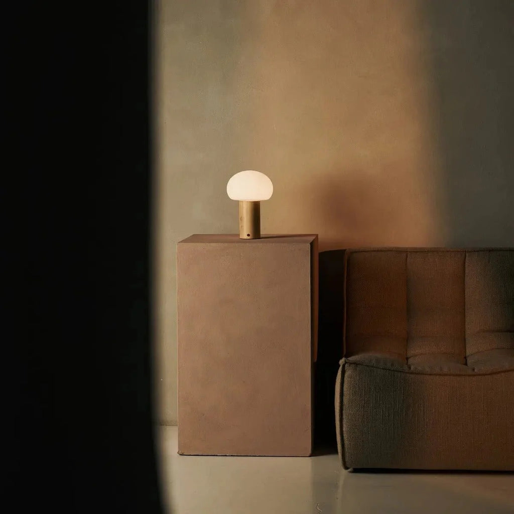 Wooden Table Lamp With Glass Shade Rechargeable LED & 3 Light Modes