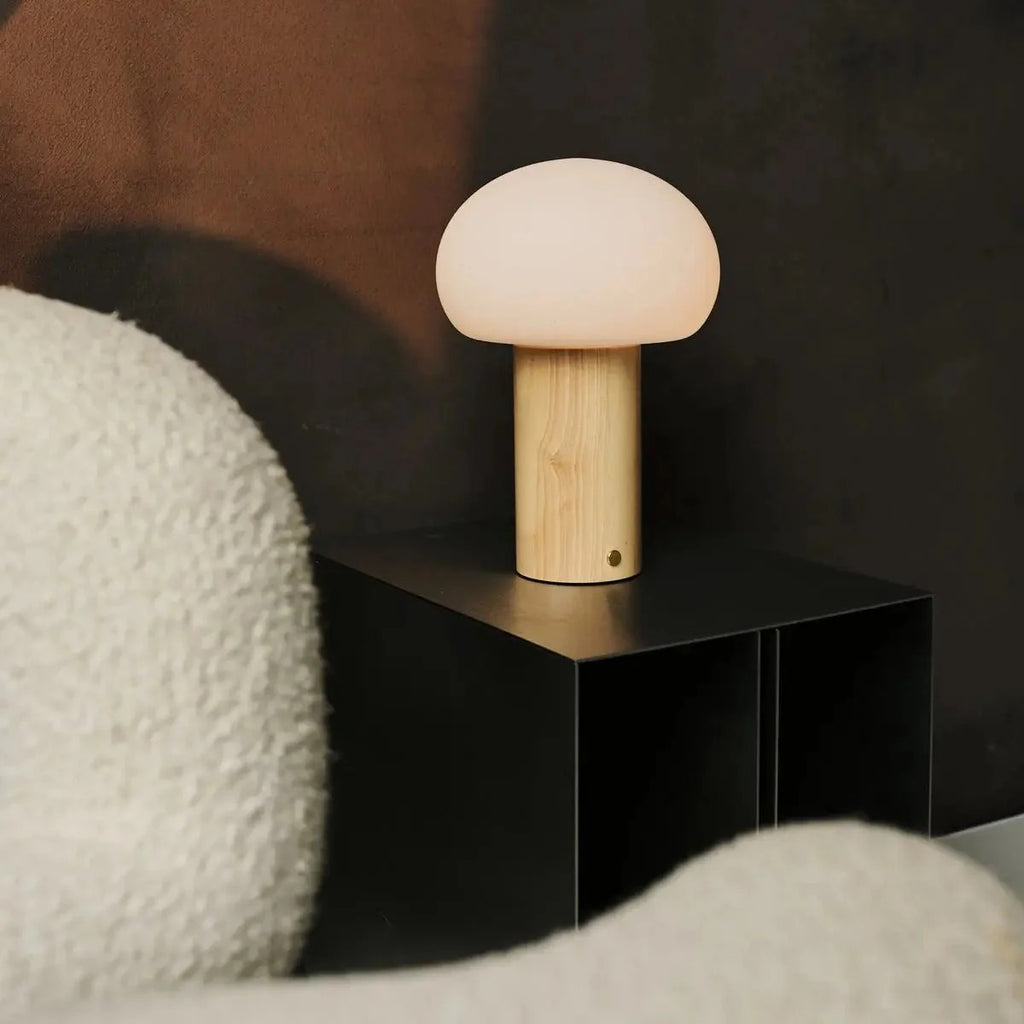Wooden Table Lamp With Glass Shade Rechargeable LED & 3 Light Modes