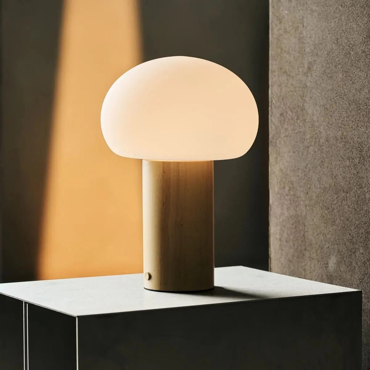 Wooden Table Lamp With Glass Shade Rechargeable LED & 3 Light Modes