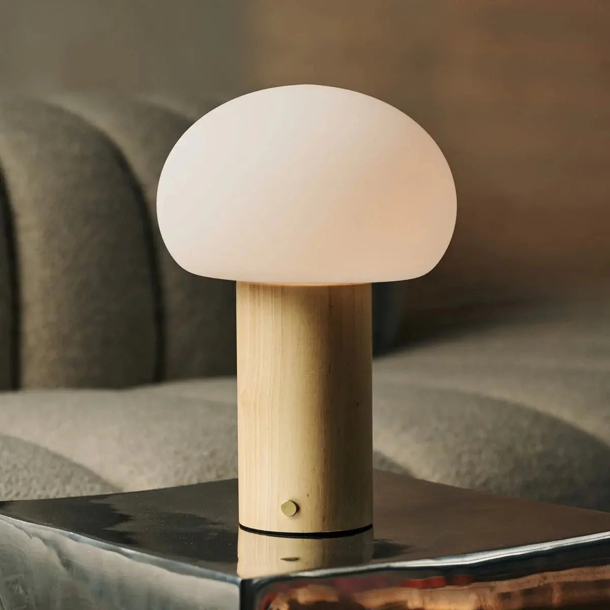 Wooden Table Lamp With Glass Shade Rechargeable LED & 3 Light Modes