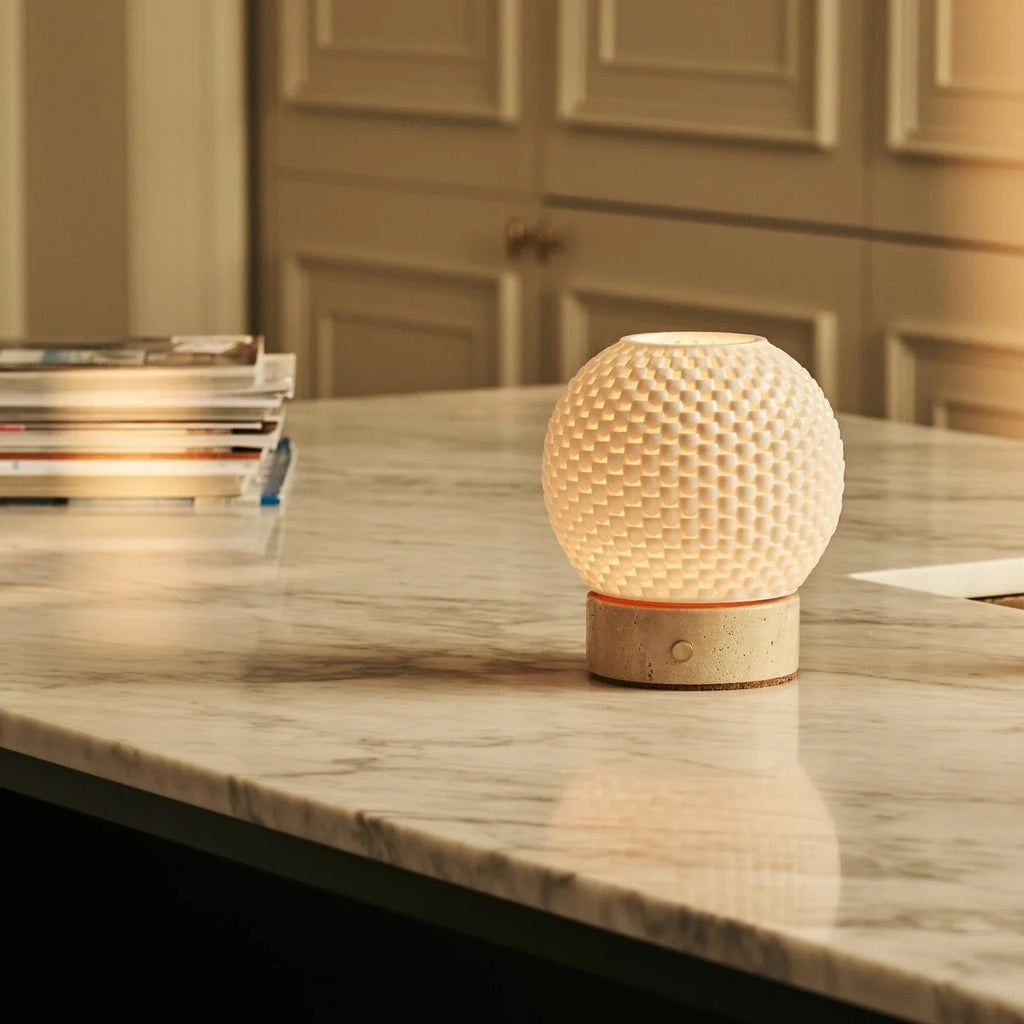 Wooden Table Lamp With Interchangeable Porcelain Shade And Rechargeable LED