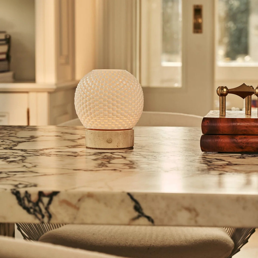 Wooden Table Lamp With Interchangeable Porcelain Shade And Rechargeable LED