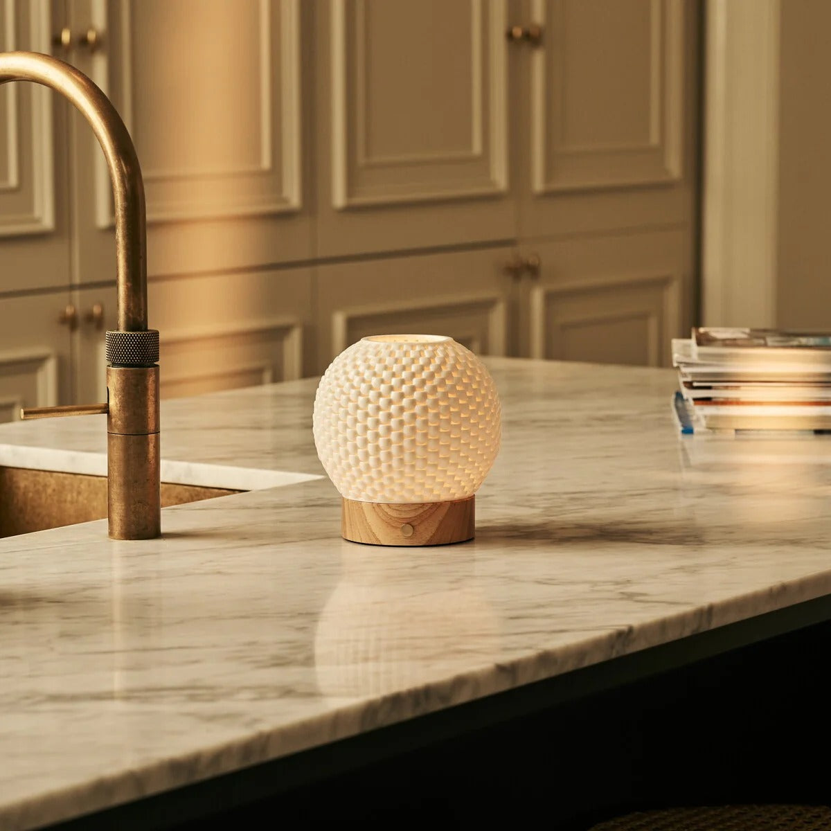 Wooden Table Lamp With Interchangeable Porcelain Shade And Rechargeable LED