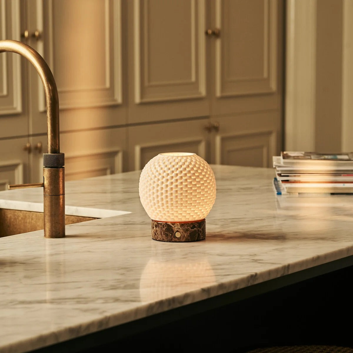 Wooden Table Lamp With Interchangeable Porcelain Shade And Rechargeable LED
