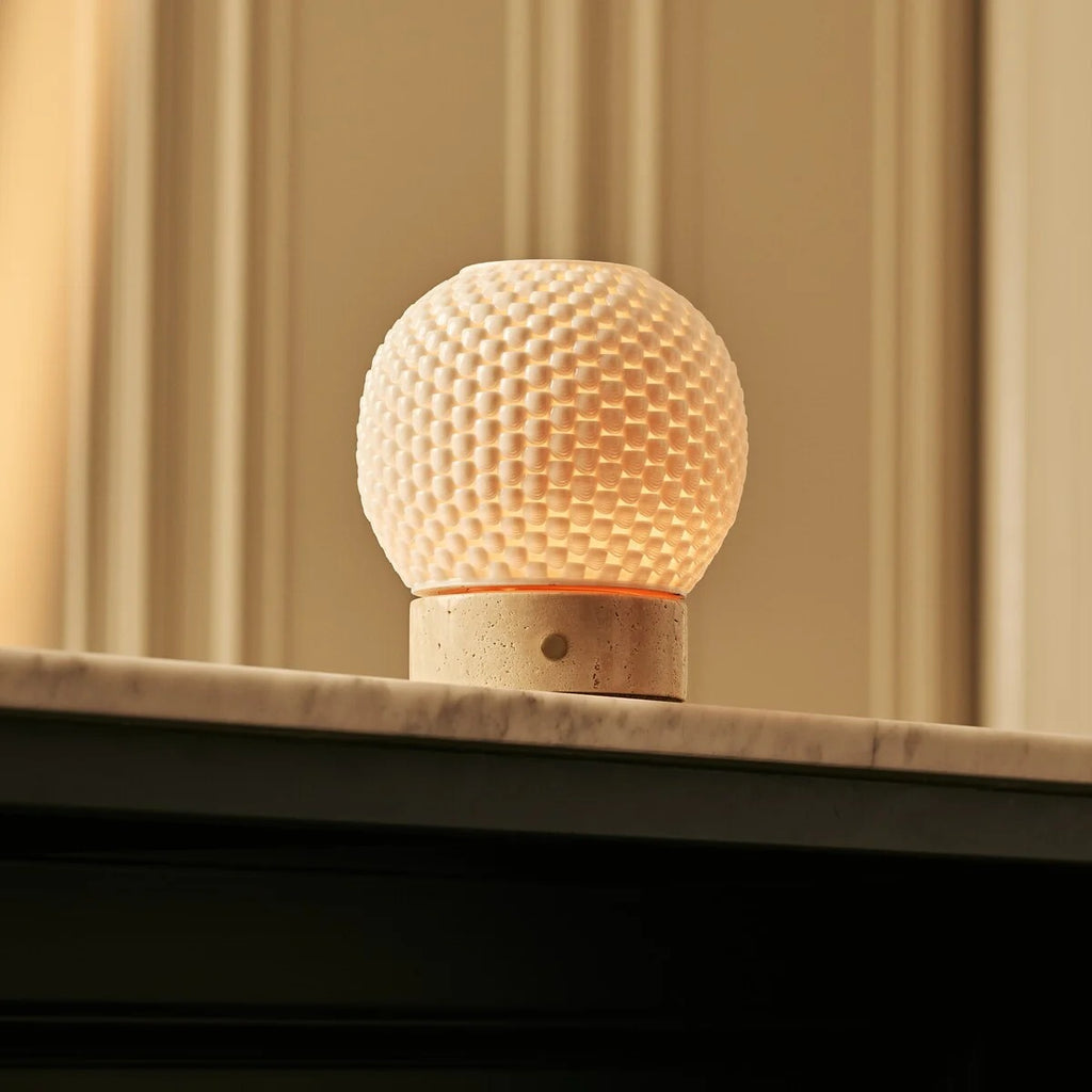Wooden Table Lamp With Interchangeable Porcelain Shade And Rechargeable LED
