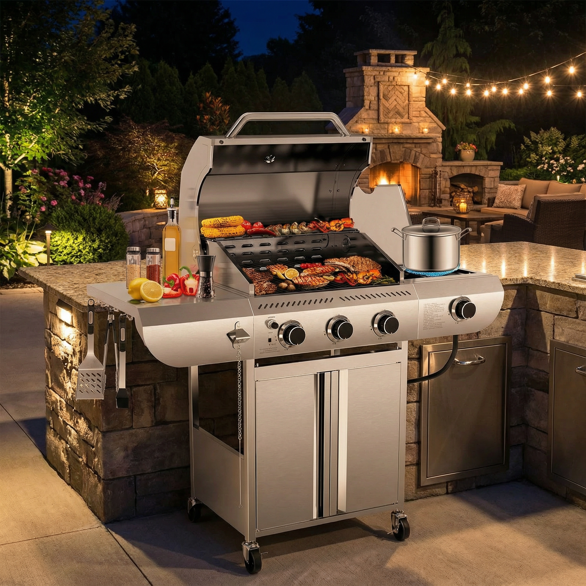 3-Burner Propane Gas Grill Stainless Steel, 34,000 BTU, Side Burner and Wheels, RW FLAME