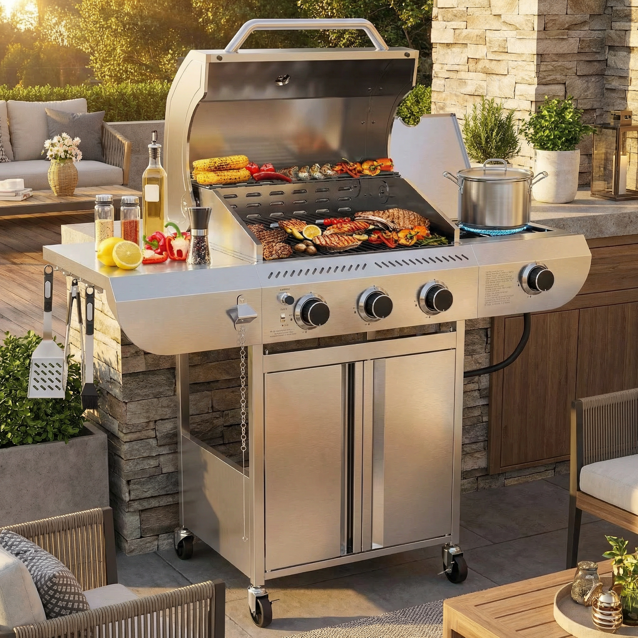 3-Burner Propane Gas Grill Stainless Steel, 34,000 BTU, Side Burner and Wheels, RW FLAME