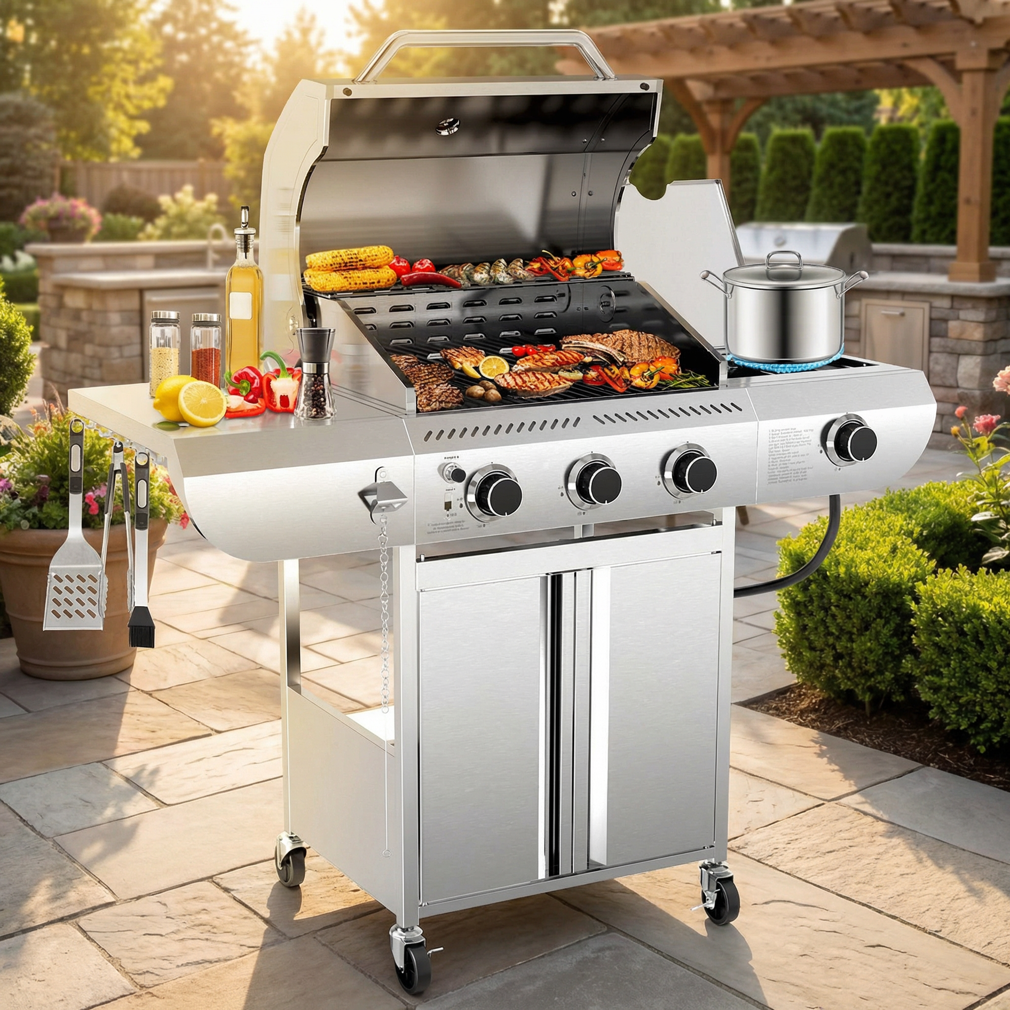 3-Burner Propane Gas Grill Stainless Steel, 34,000 BTU, Side Burner and Wheels, RW FLAME