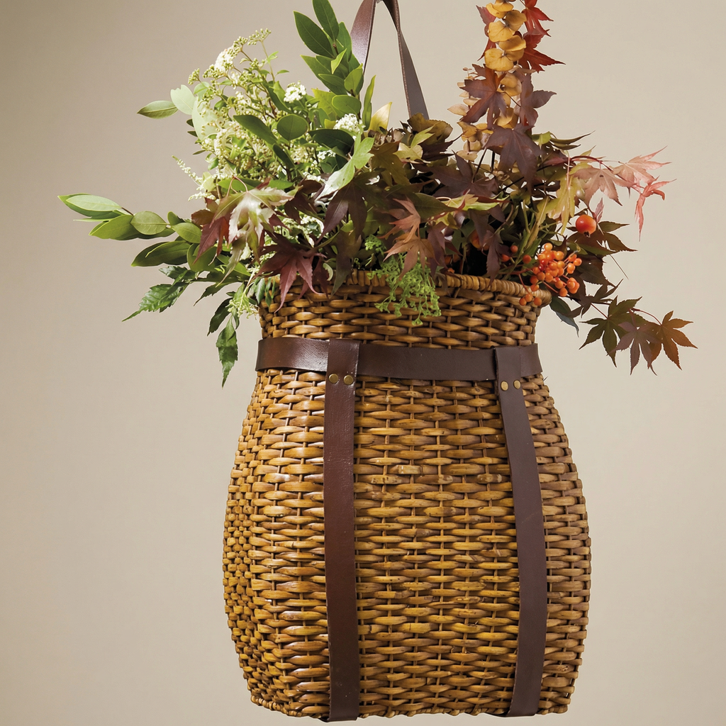 Brown Rattan Hanging Basket Woven Hanging Loop, Flat Base for Tabletop Use