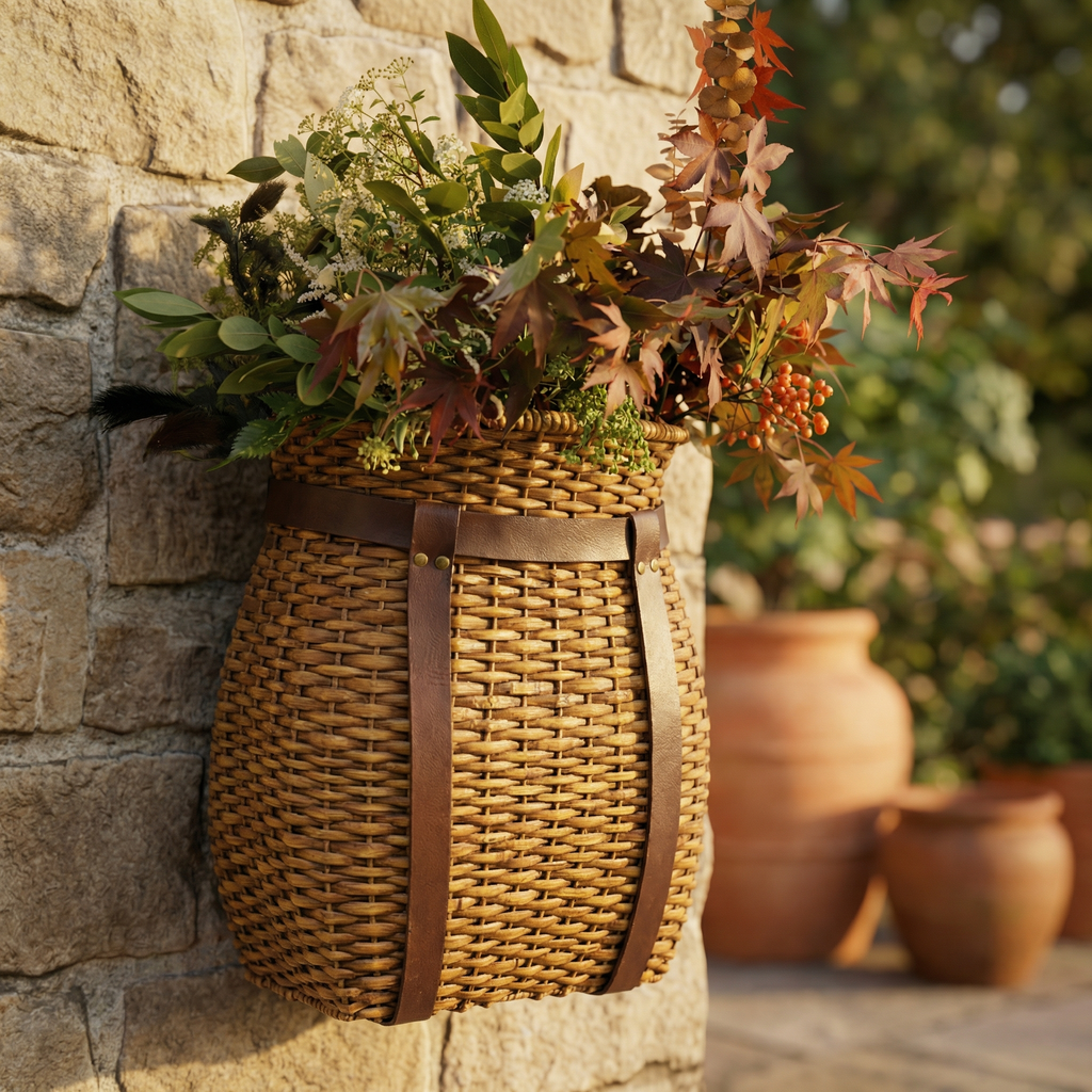 Brown Rattan Hanging Basket Woven Hanging Loop, Flat Base for Tabletop Use