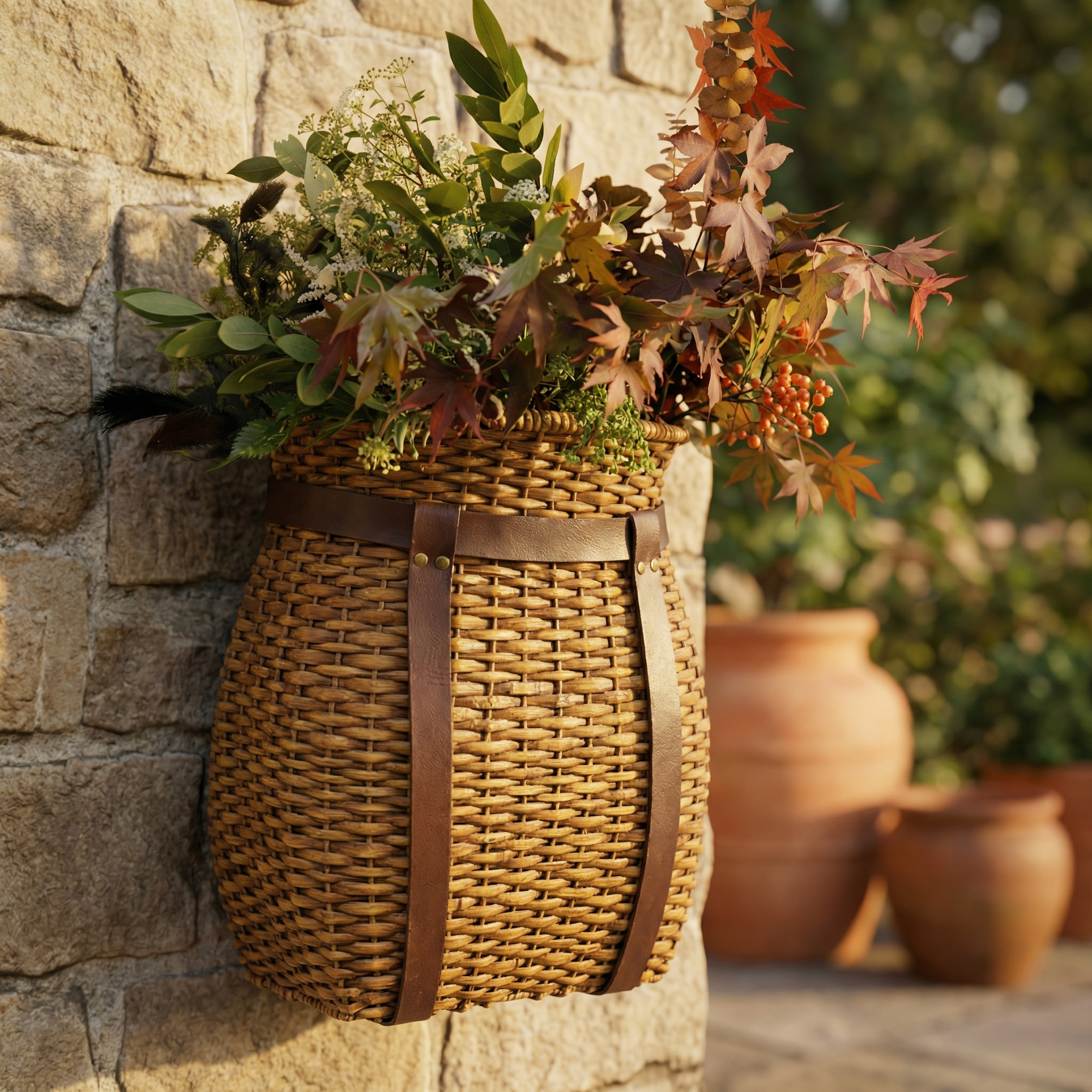 Brown Rattan Hanging Basket Woven Hanging Loop, Flat Base for Tabletop Use