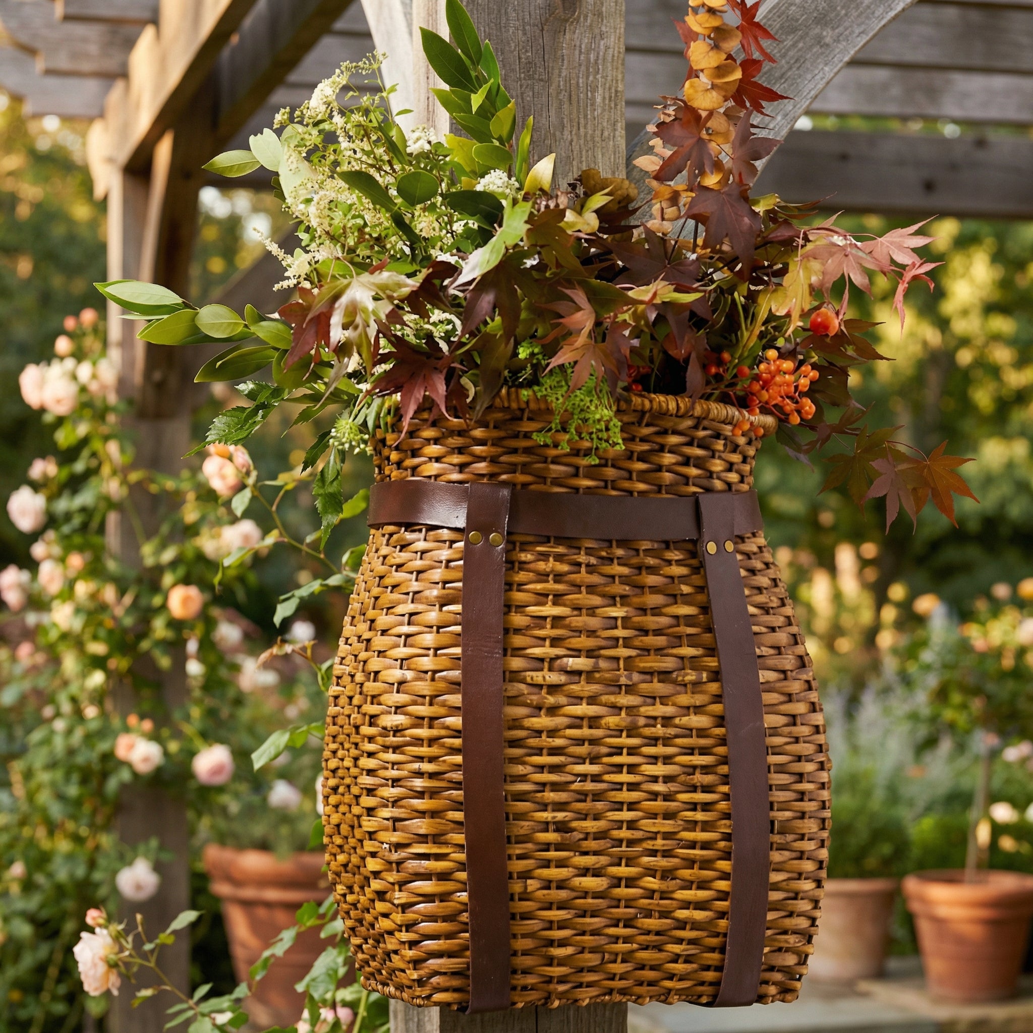 Brown Rattan Hanging Basket Woven Hanging Loop, Flat Base for Tabletop Use