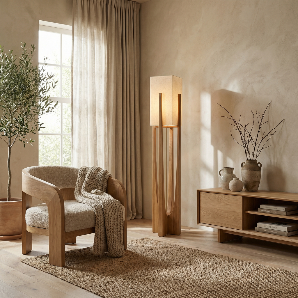 Solid Wood Japanese Style Tapered Shape Table Floor Lamp