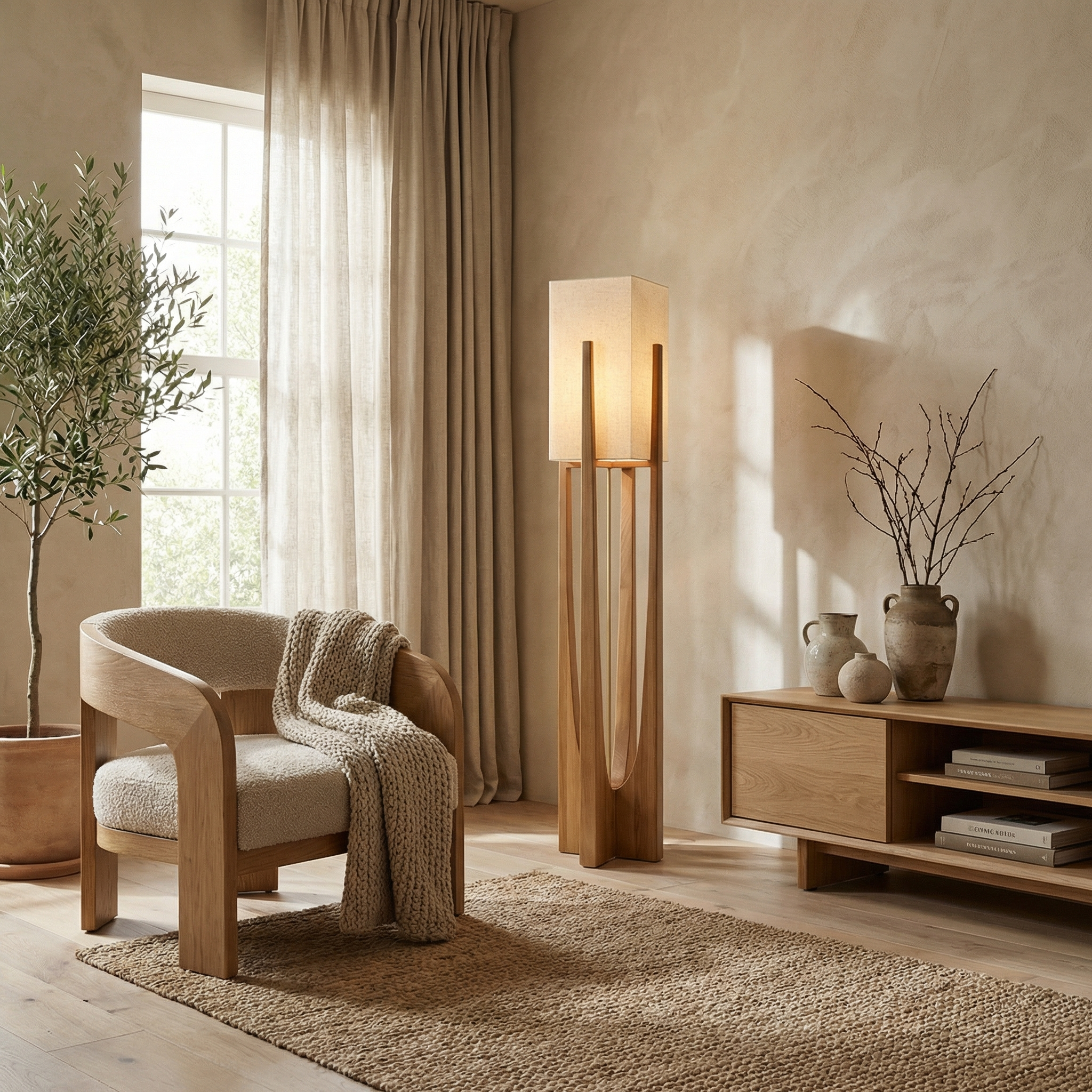 Solid Wood Japanese Style Tapered Shape Table Floor Lamp