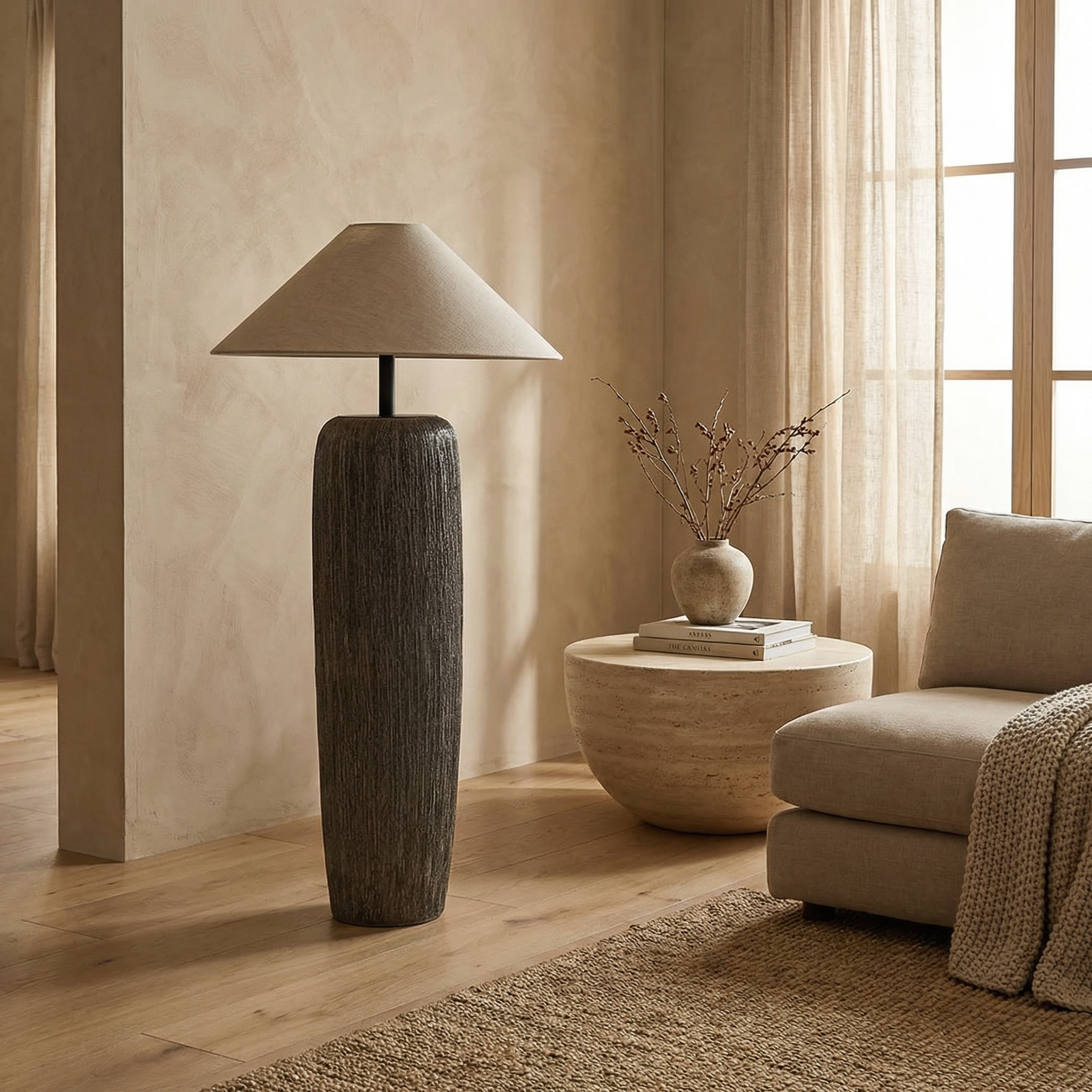 Weathered Wood Textured Finish Linen Shade Tapered Shape Floor Lamp