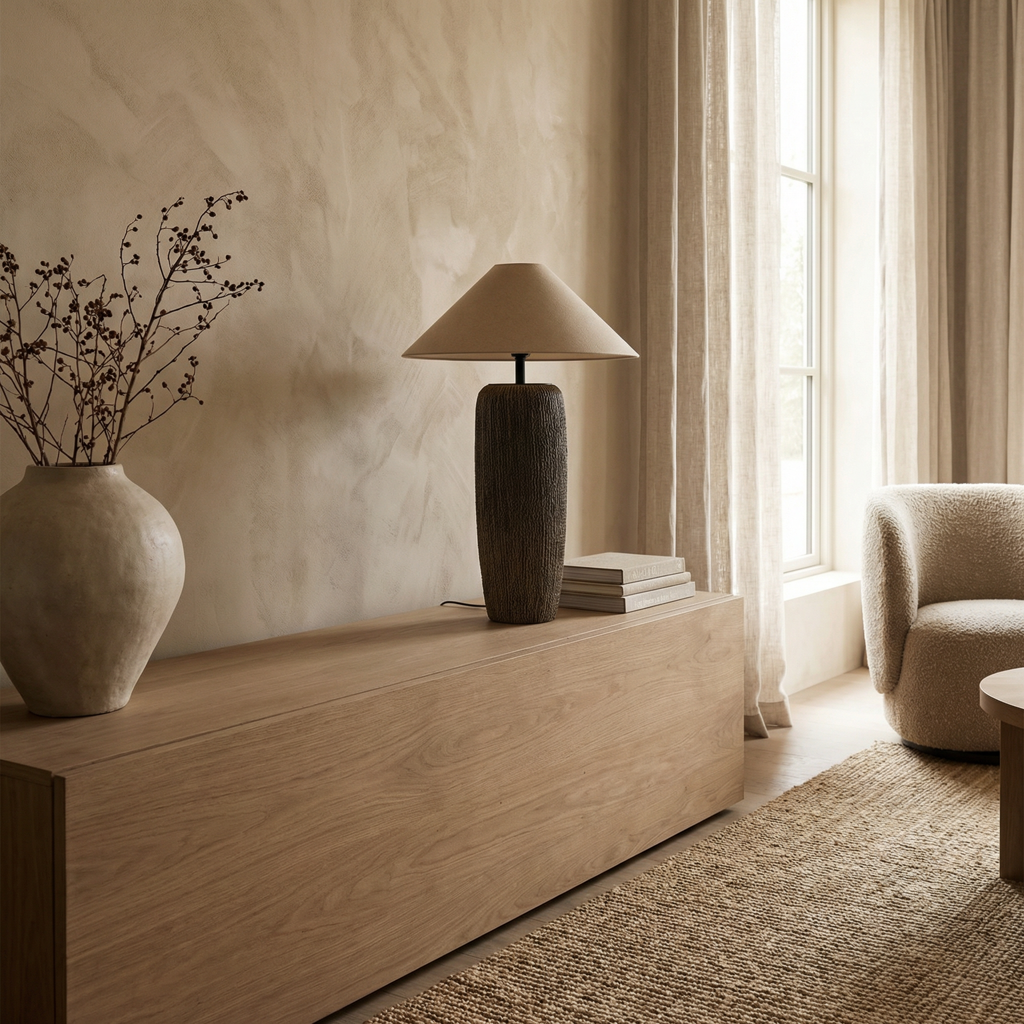 Weathered Wood Textured Finish Linen Shade Tapered Shape Floor Lamp