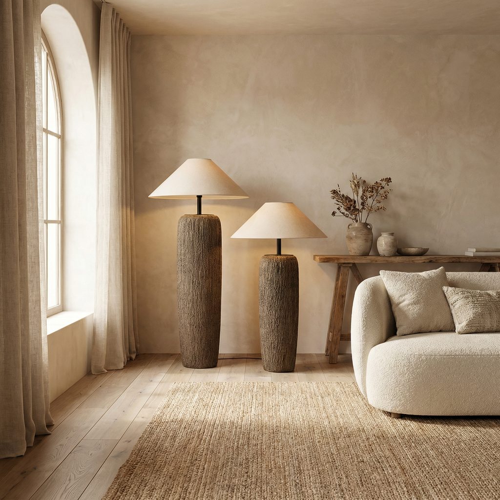 Weathered Wood Textured Finish Linen Shade Tapered Shape Floor Lamp