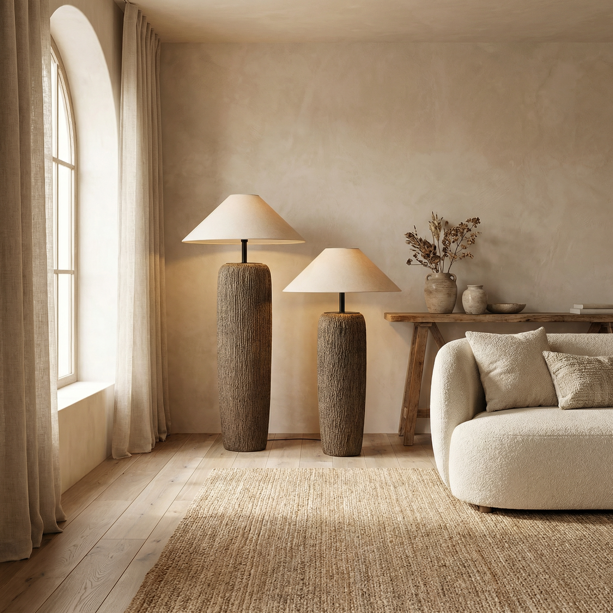 Weathered Wood Textured Finish Linen Shade Tapered Shape Floor Lamp