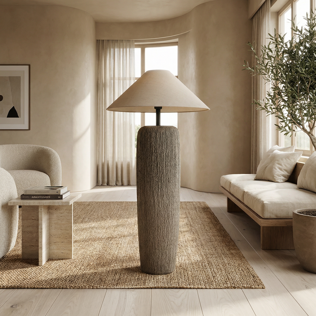 Weathered Wood Textured Finish Linen Shade Tapered Shape Floor Lamp