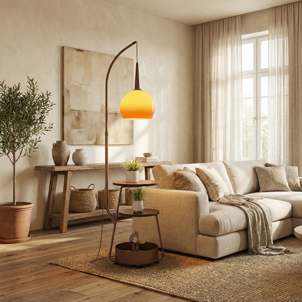 Round Shade Wood Base And Opal Glass Floor Lamp